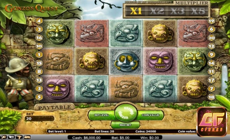 Gonzo's Quest Megaways là game đặt trên nền đền thờ trong rừng với 6 cuộn 