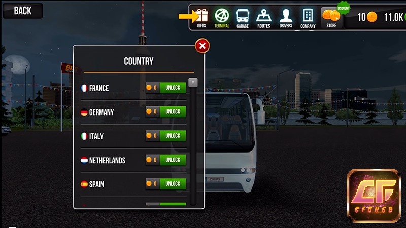 Chọn lựa quốc gia mà người chơi muốn đến để hành nghề lái xe