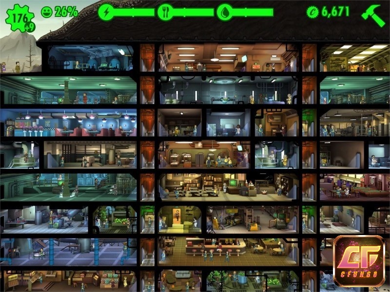 Bản đồ trong Fallout Shelter thể hiện một tầng của Vault – khu trú ẩn trong thế giới hậu hủy