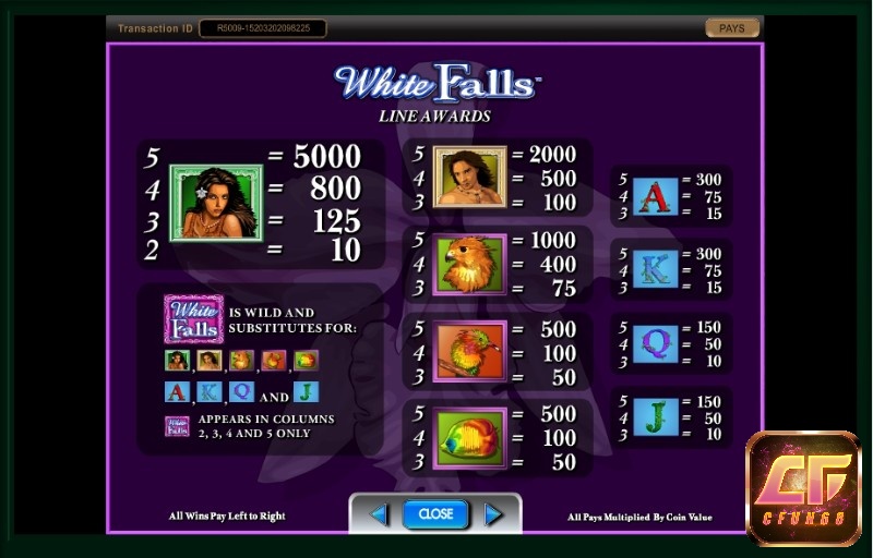 Bảng thanh toán chi tiết cho từng biểu tượng xuất hiện trong trò chơi